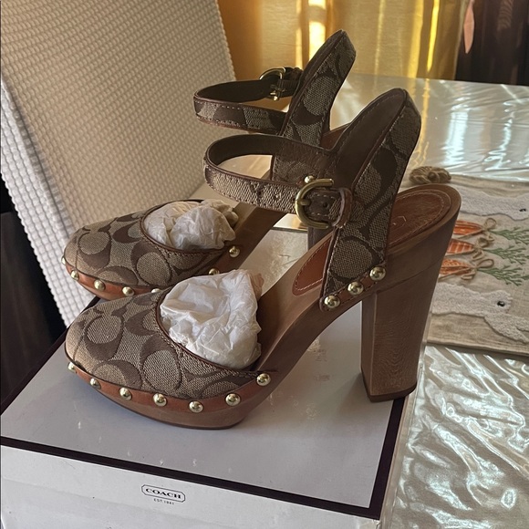 Coach Brown Signature Canvas Platform Clogs with Stud Trim - Picture 2 of 4